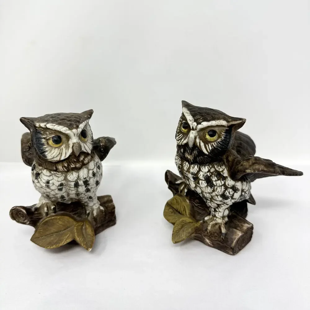 Vintage Homco Owl Figurines Pair Ceramic Woodland Decor Taiwan 1114